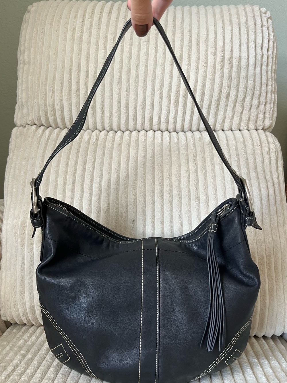 Black Leather Shoulder Bag with Tassel